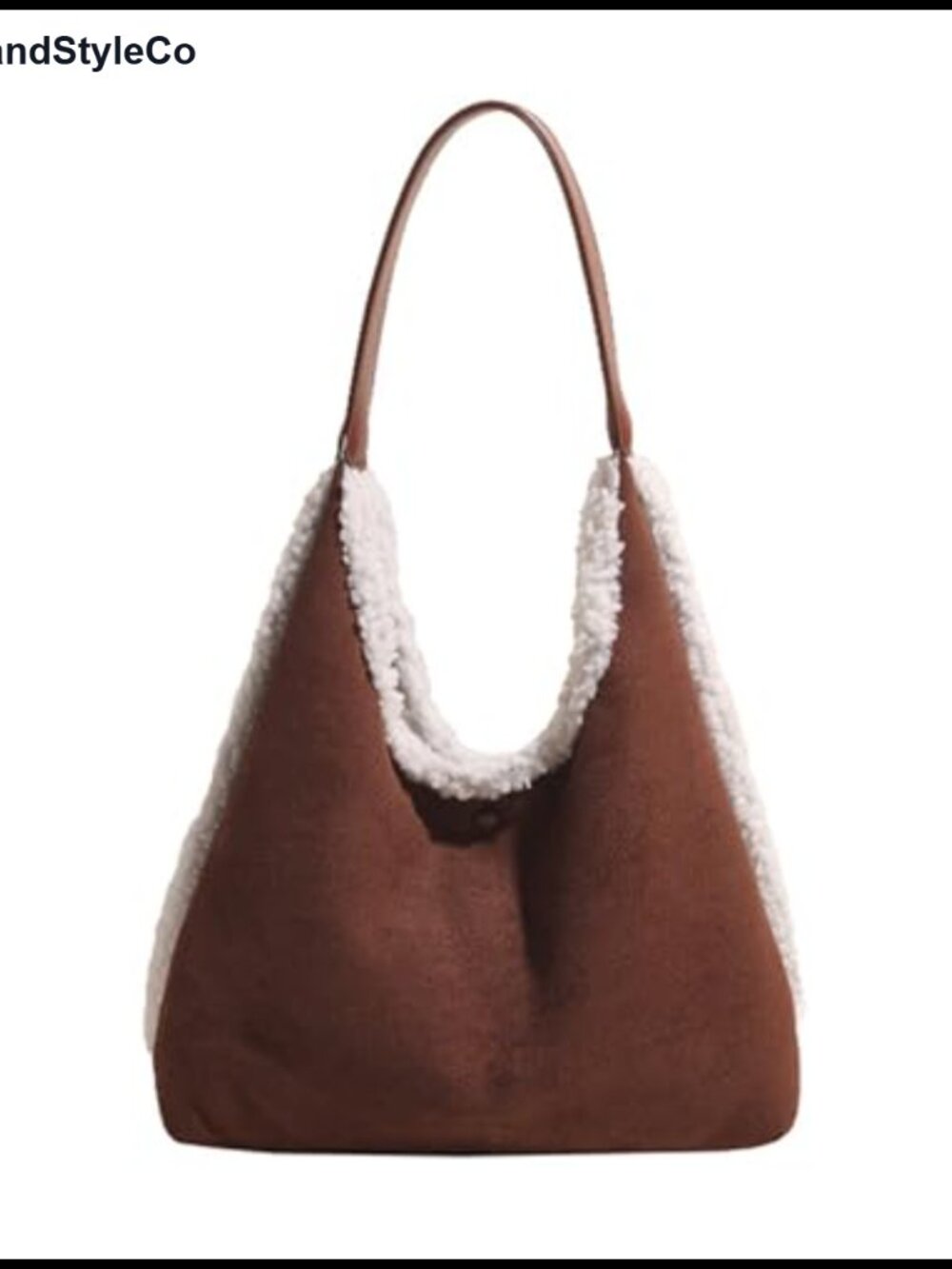 Suede Tote Handbag Lamb Wool Trim Top Handle Shoulder Bag Large